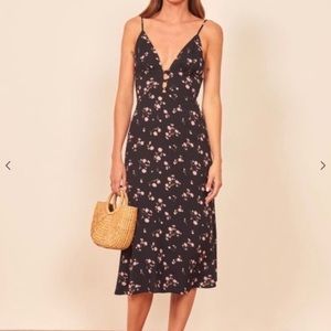 Reformation black pink floral midi dress perfect summer, wedding guest, vacation